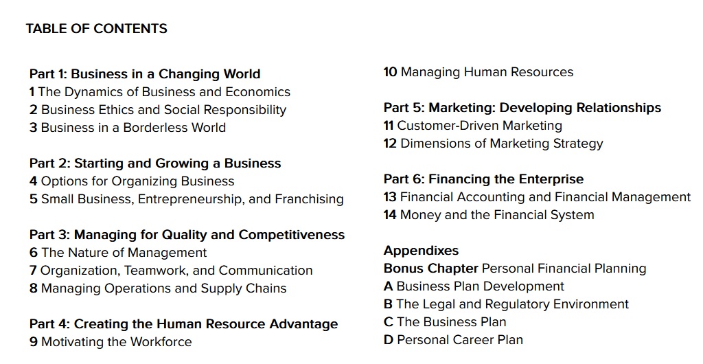 table of contents for Business A Changing World 8e